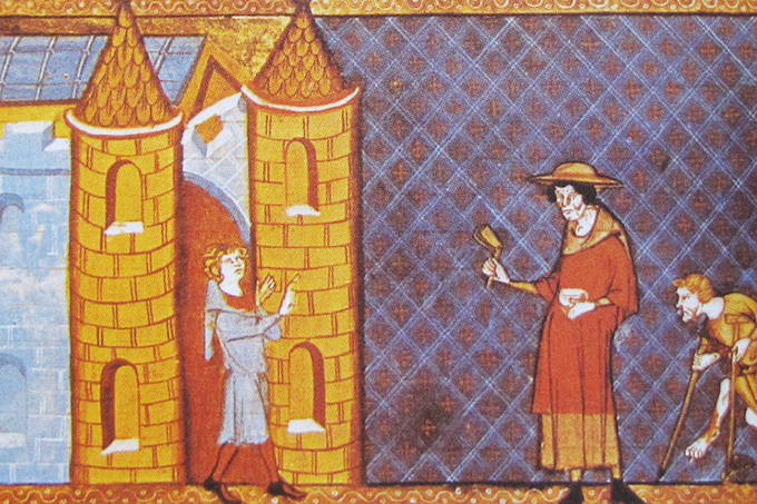 Antiga ilustração do século 14 mostra dois portadores de hanseníase tentando entrar numa cidade