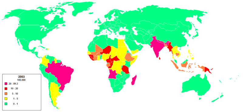 No mapa da hanseníase, os países em verde estão com a doença erradicada. O problema segue grave em Brasil e Índia