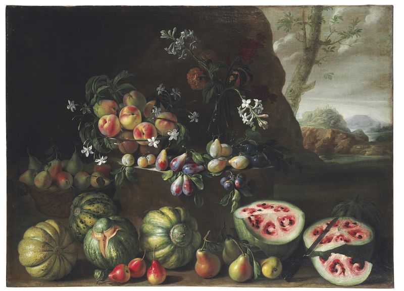 Giovanni_Stanchi,_Watermelons,_Peaches,_Pears,_and_Other_Fruit_in_a_Landscape
