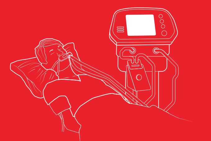 Desenho de respirador colocado em pessoa deitada, com fundo vermelho