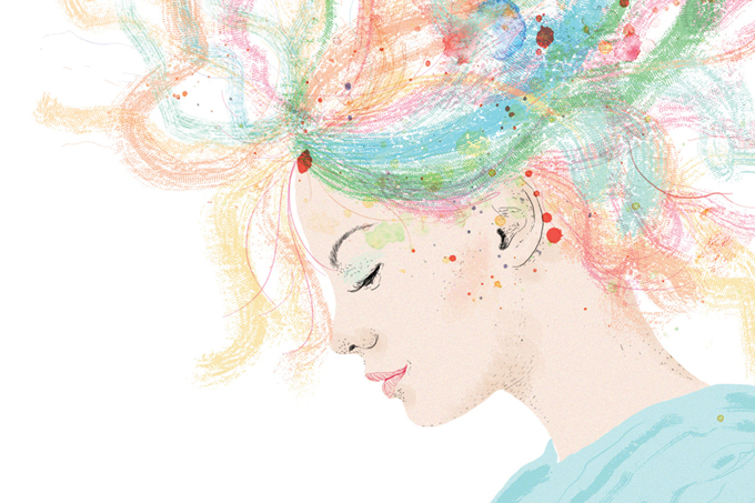 ilustração de mulher com um arco-íris saindo da cabeça