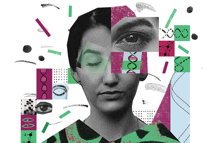 ilustração de mulher com olhos fechados e ícones de DNA em sua volta