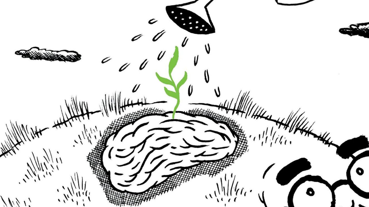 Desenho de cérebro com Alzheimer com planta sendo regada
