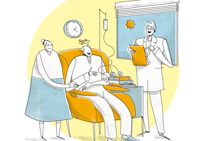 ilustração de idoso recebendo tratamento oncológico contra leucemia