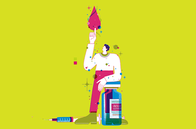 ilustração de homem com um vidro e seringa de insulina ao lado