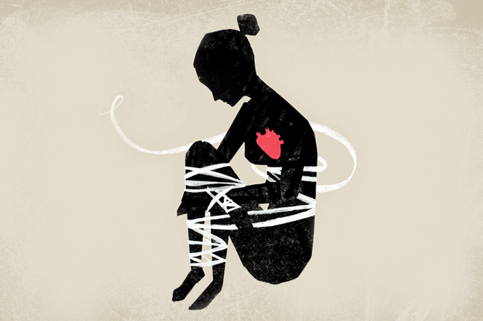 ilustração de mulher triste em fundo preto e coração em destaque em vermelho