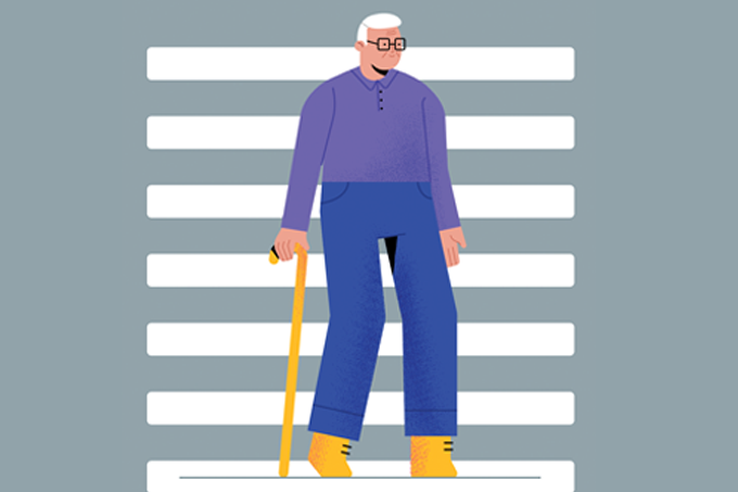 ilustração de idoso caminhando com bengala