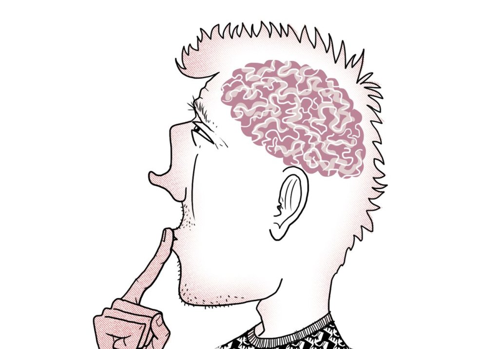 Desenho de homem com cérebro em destaque