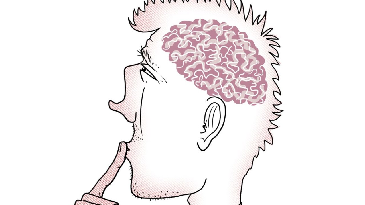 Desenho de homem com cérebro em destaque