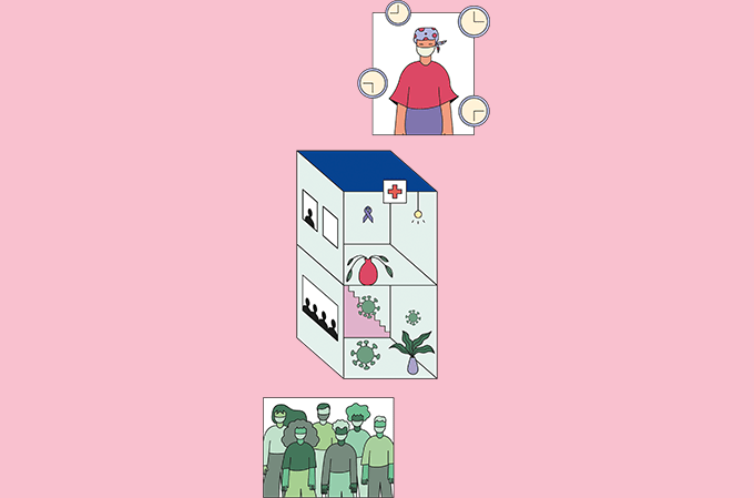 Desenho de médico na parte superior, hospital na parte do meio e pacientes na parte inferior da imagem, com um fundo rosa