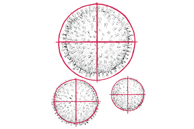 Desenho de três vírus com miras em cima