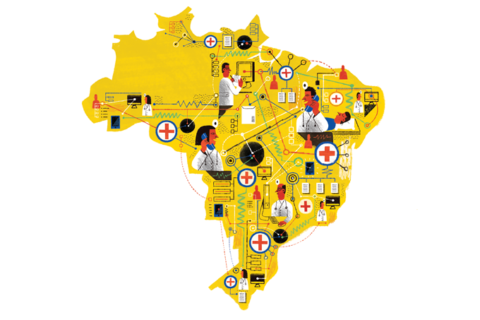 ilustração do mapa do brasil conectado por médicos e computadores