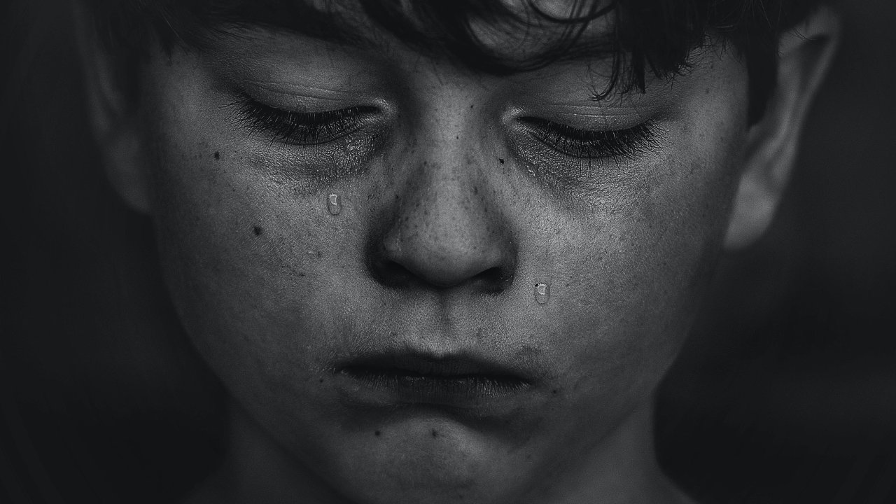 Foto preto branco de rosto de criança chorando