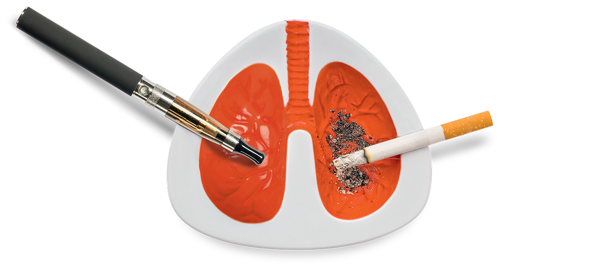 foto de cinzeiro em formato de pulmões com cigarro normal e eletrônico