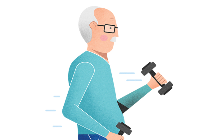 ilustração de um idoso fazendo musculação