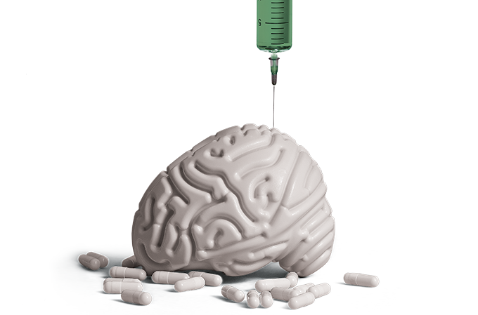 imagem de cérebro recebendo uma injeção e cercado de comprimidos