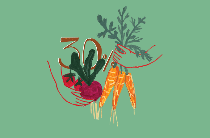 ilustração de legumes orgânicos com o número 30 estampado ao meio