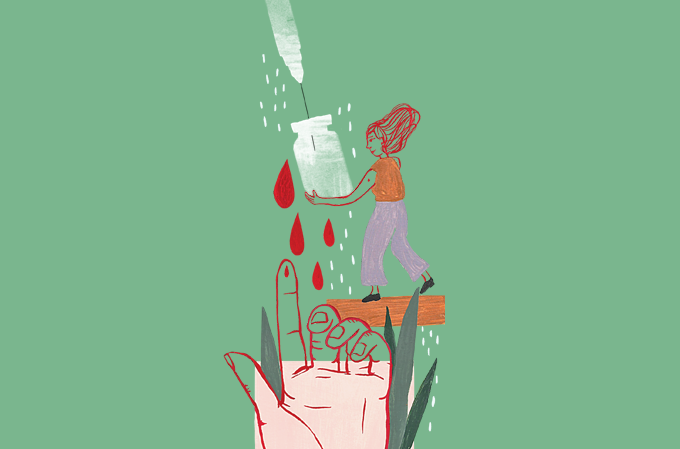 ilustração de mulher segurando um vidro com o líquido da vacina