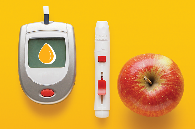 foto de maçã ao lado de glicosímetro e caneta de insulina