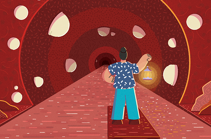 ilustração de pessoa caminhando dentro de artéria com colesterol por todos os lados