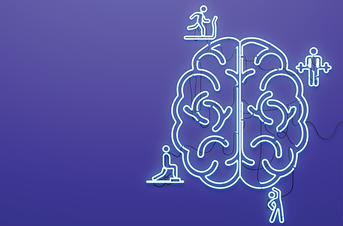 ilustração de cérebro com ícones de exercício à sua volta
