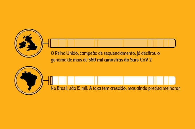 Gráfico representando nível de sequenciamento genético no Brasil e no Reino Unido