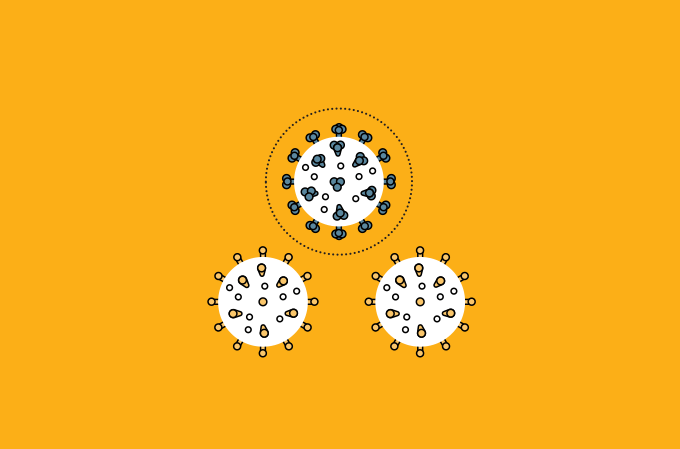 ilustração de três exemplares do Sars-Cov-2 alinhados