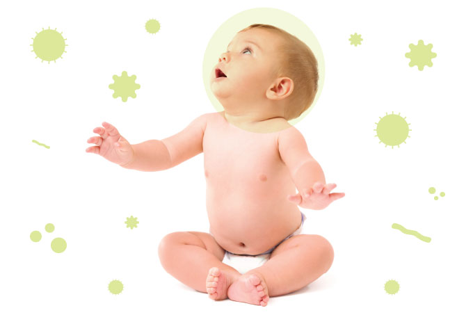 foto de bebê com ícones de micro-organismos à sua volta