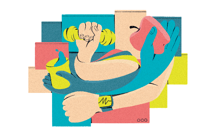 ilustração de braços com peso de musculação, maçã, caneca e relógio inteligente