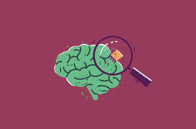 ilustração de cérebro com chip e lupa