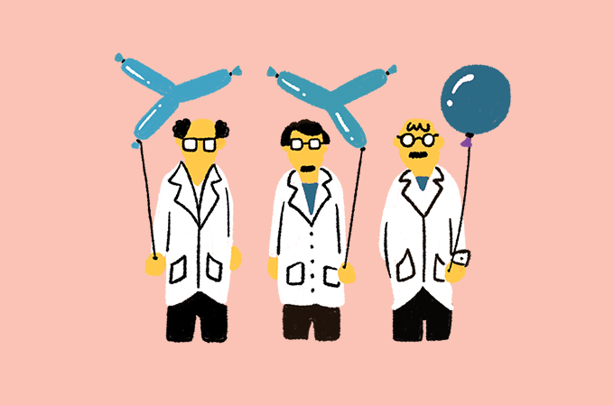 caricatura dos três cientistas que ganharam o nobel com balões em forma de anticorpos e células de defesa
