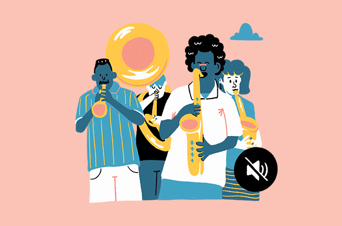 ilustração de pessoas tocando instrumentos com um símbolo de mudo ao lado