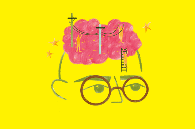 ilustração de cérebro sobre homem com óculos