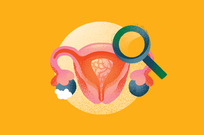 ilustração de lupa sobre ovário e aparelho reprodutor feminino