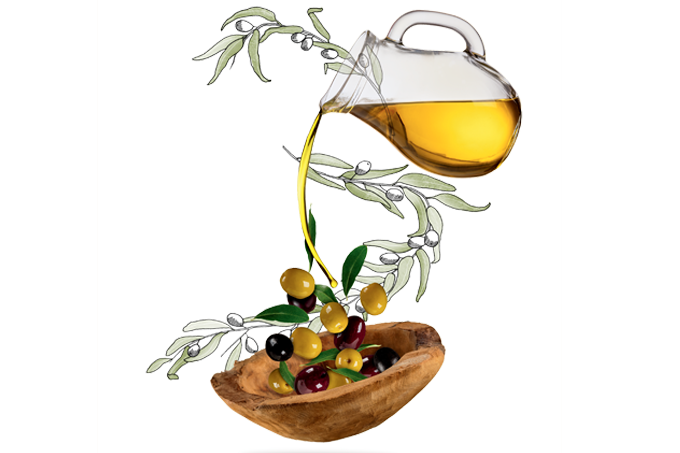 foto de azeite caindo sobre colher de azeitonas, com ilustrações de ramos de oliveira