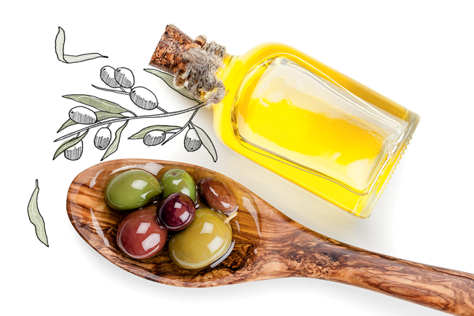 colher com azeitonas e vidro de azeite, com ilustrações de oliveiras