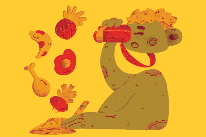 ilustração de pessoa comendo vários alimentos