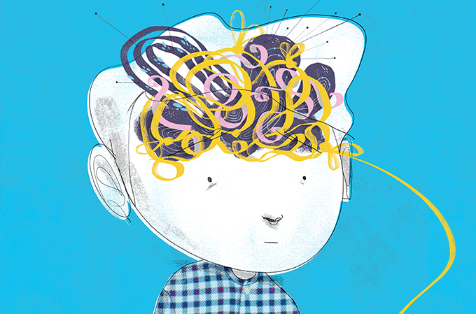 ilustração de menino com cérebro com uma grande confusão de fitas