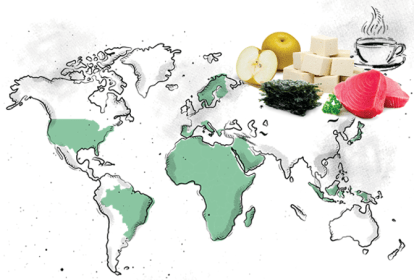 ilustração de mapa do mundo com alimentos ao lado