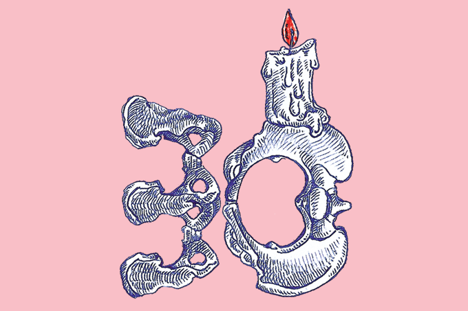 ilustração do número 30 feito de ossos e com uma vela de aniversário