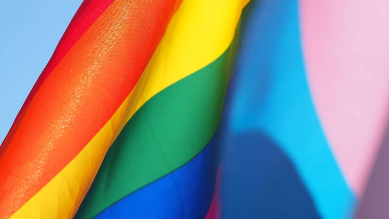 Bandeiras do orgulho LGBT e das defesas dos direitos trans, simbolizando Dia do Orgulho LGBT