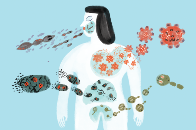 ilustração de homem em meio a vários fungos, simbolizando os fungos tratados com fluconazol