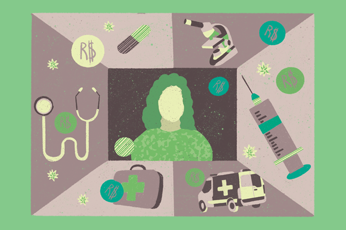 ilustração de mulher rodeada por ícones da medicina