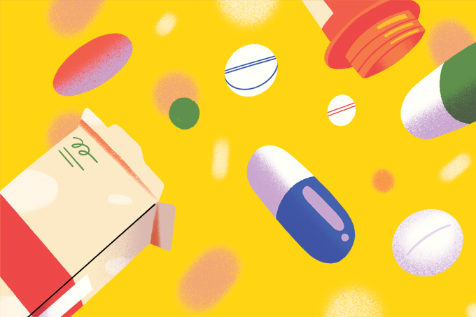 Ilustração de caixa de remédio e diferentes comprimidos com cores distintas
