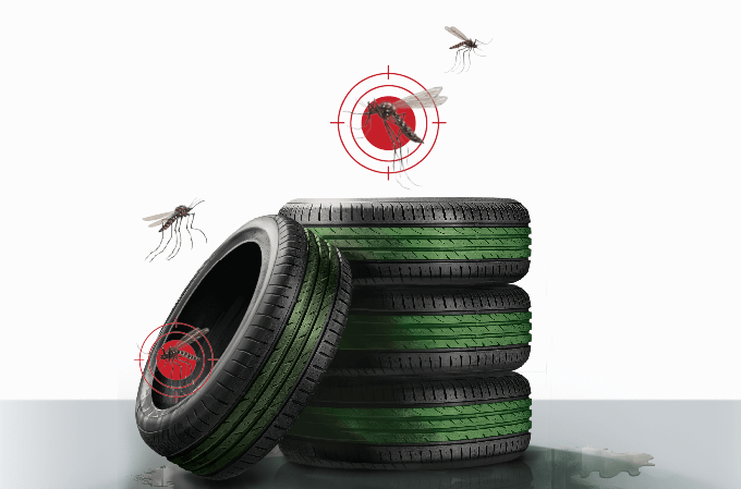 Foto de pilha de pneus, com mosquitos ao redor e uma mira vermelha desenhada em dois deles.
