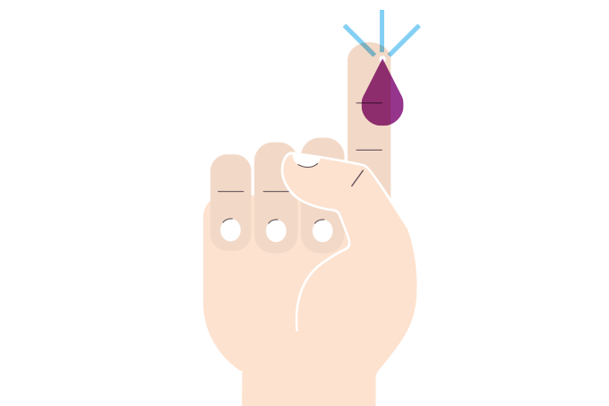 ilustração de dedo com gota de sangue remetendo à medição de glicose