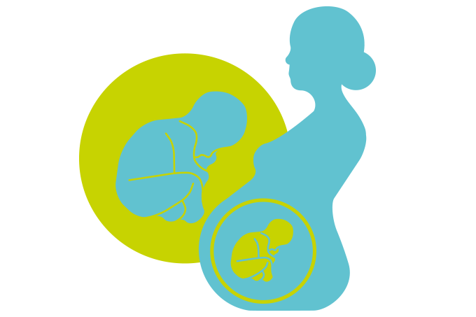 Desenho de mulher grávida com destaque para o feto, em verde e azul