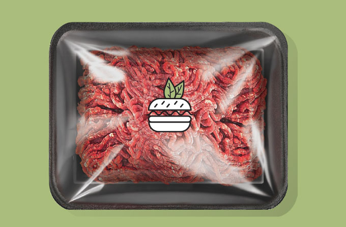 foto de bandeja de carne moída com símbolo de vegetal em cima