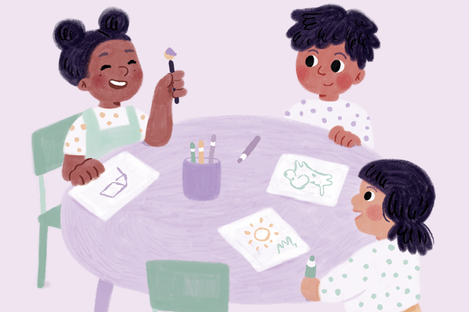 ilustração de crianças numa mesa de escola