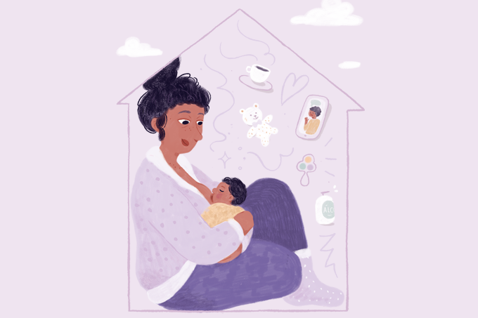 ilustração de mãe com filho dentro de casa